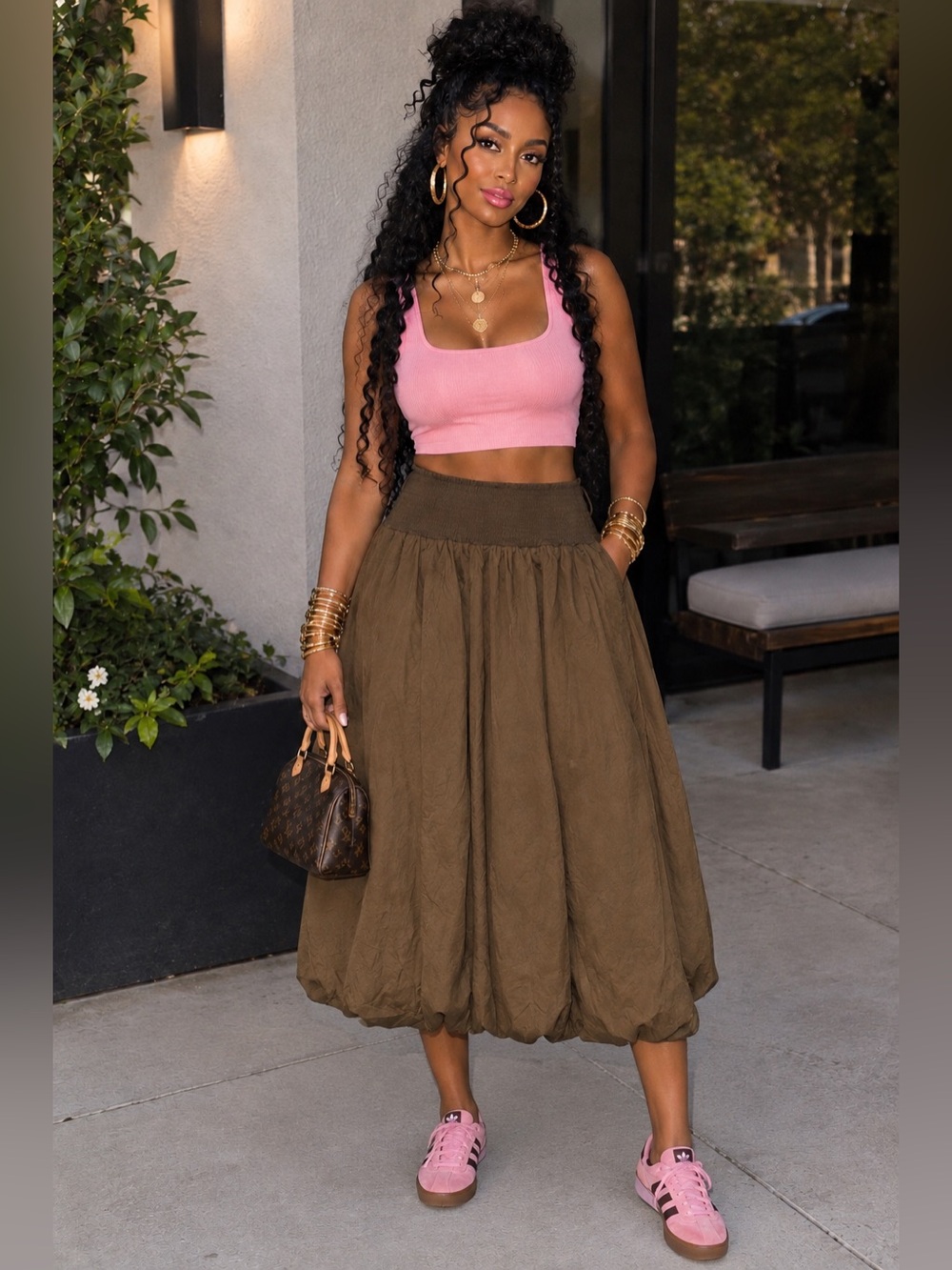 Smocked-Waist Balloon Midi Skirt in Brown
